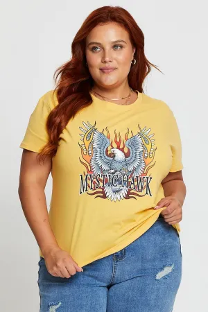 Yellow Graphic T-shirt Mystic Hawk Short Sleeve Cotton spandex blend