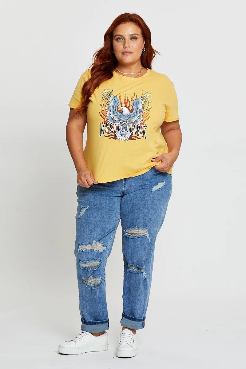 Yellow Graphic T-shirt Mystic Hawk Short Sleeve Cotton Layered Wear Flexible Ribbed Cuffs