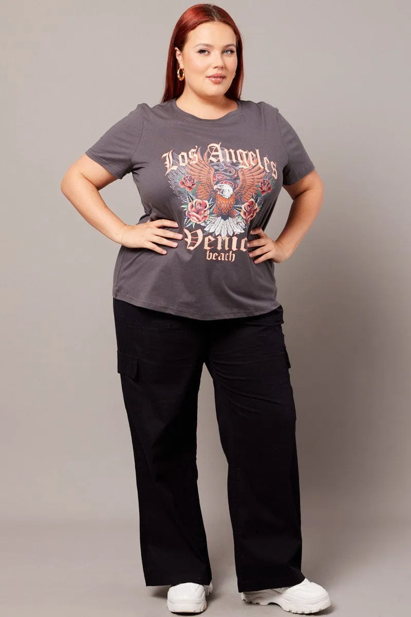 Practical Wear Grey Graphic T-shirt Short Sleeve Crew Neck