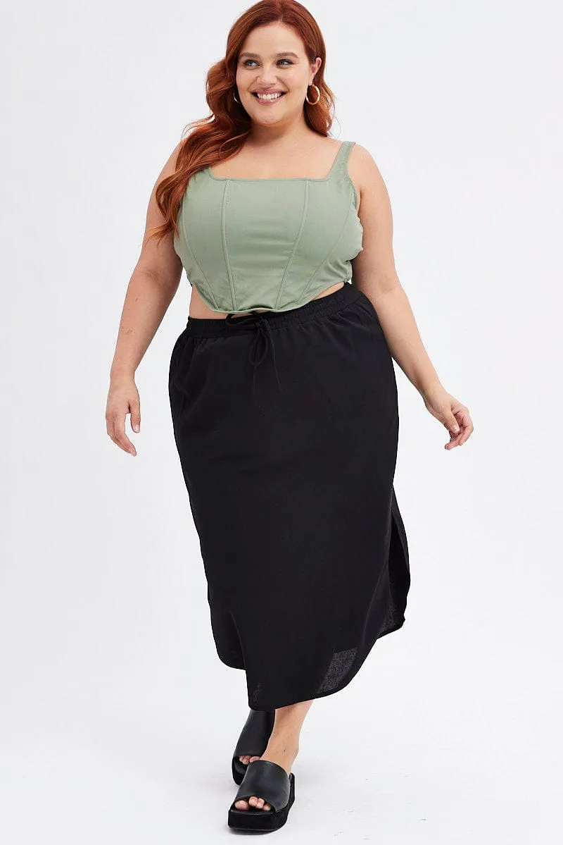 Black Maxi Skirt Elastic Waist Curve Hem Slow Fashion