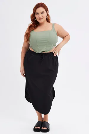 Synthetic Blend Seasonal Layering Black Maxi Skirt Elastic Waist Curve Hem