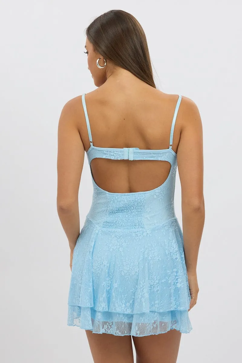 Blue Fit And Flare Dress Strappy Lace Parisian Chic