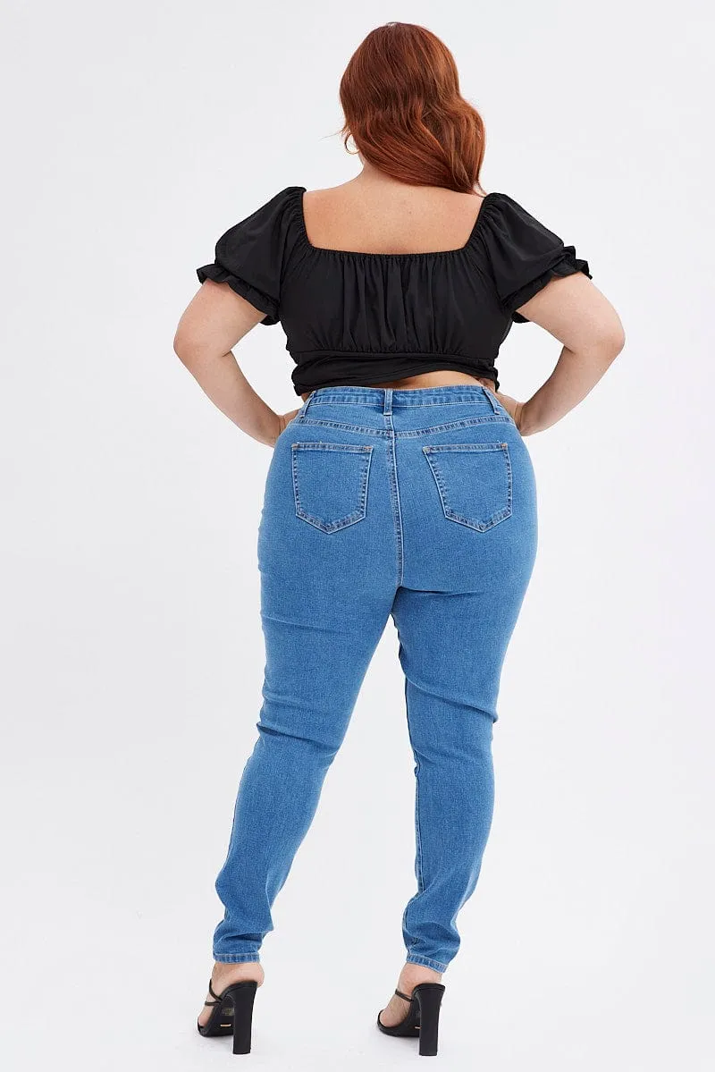 Blue Skinny Denim Jeans High Rise Night Out Everyday Holiday Vibes Spring Mood Office Wear Minimalist