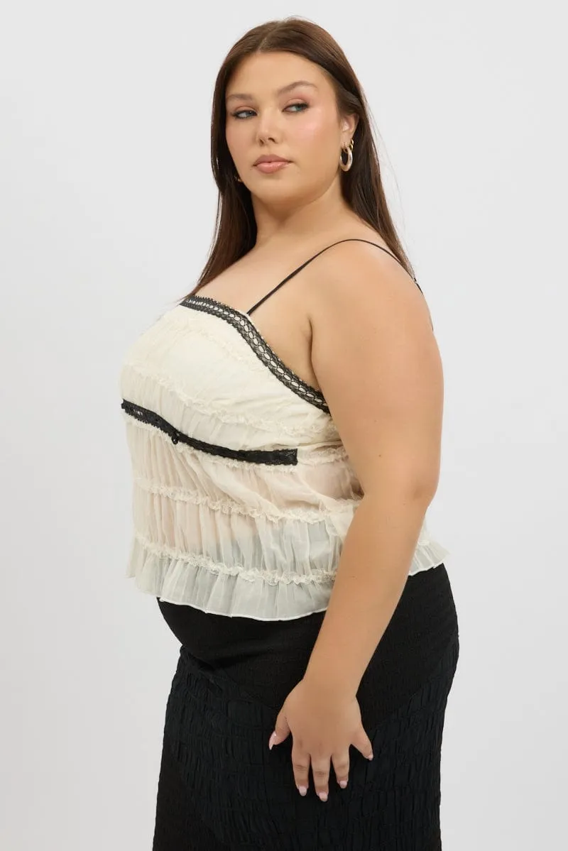White Cami Top Textured Contrast Ribbon AntiPilling Technology