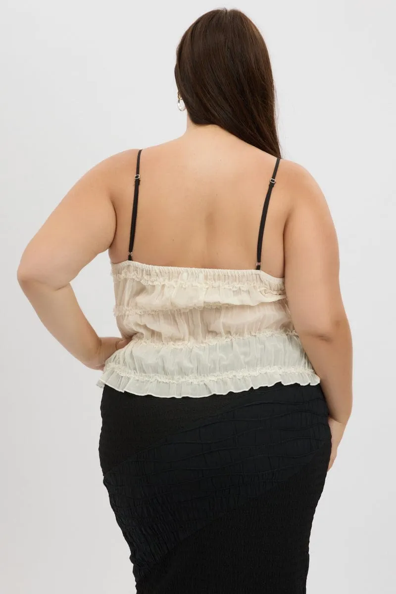 simple design BalancedDrape White Cami Top Textured Contrast Ribbon
