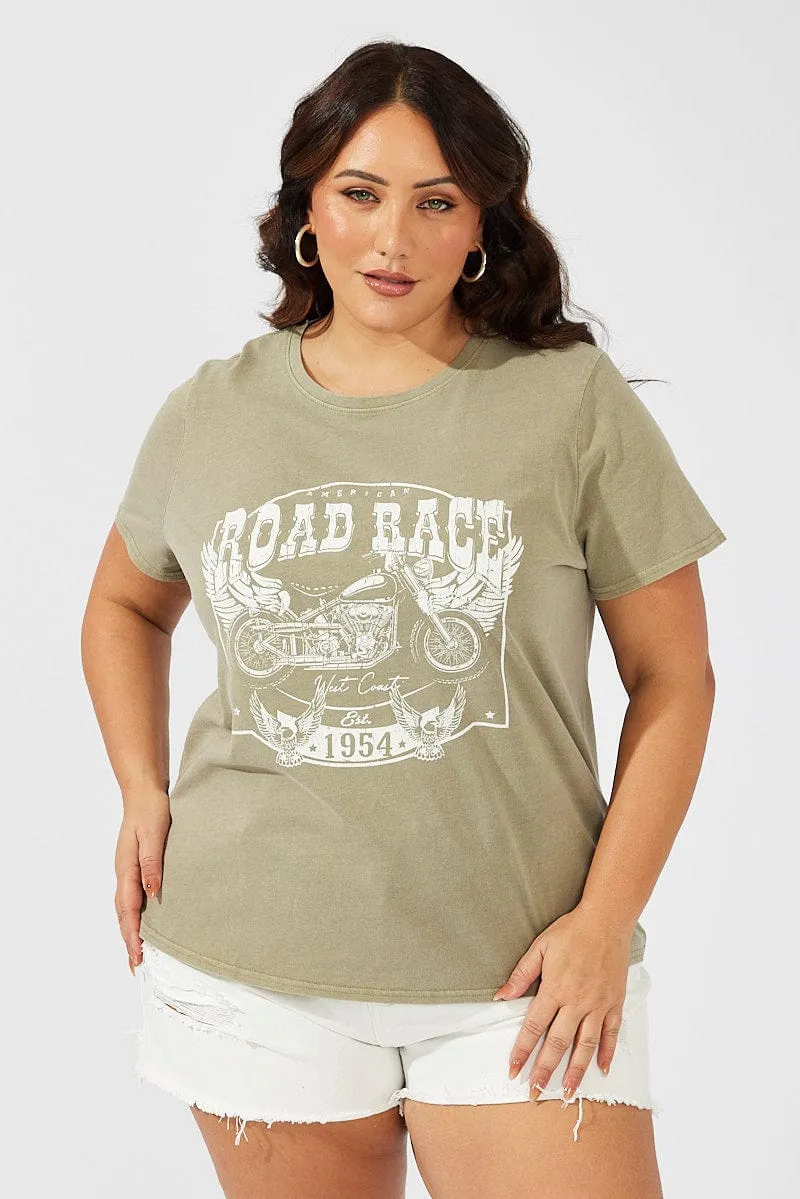 Breathable Cotton Fabric Green Graphic T-shirt Short Sleeve Crew Neck