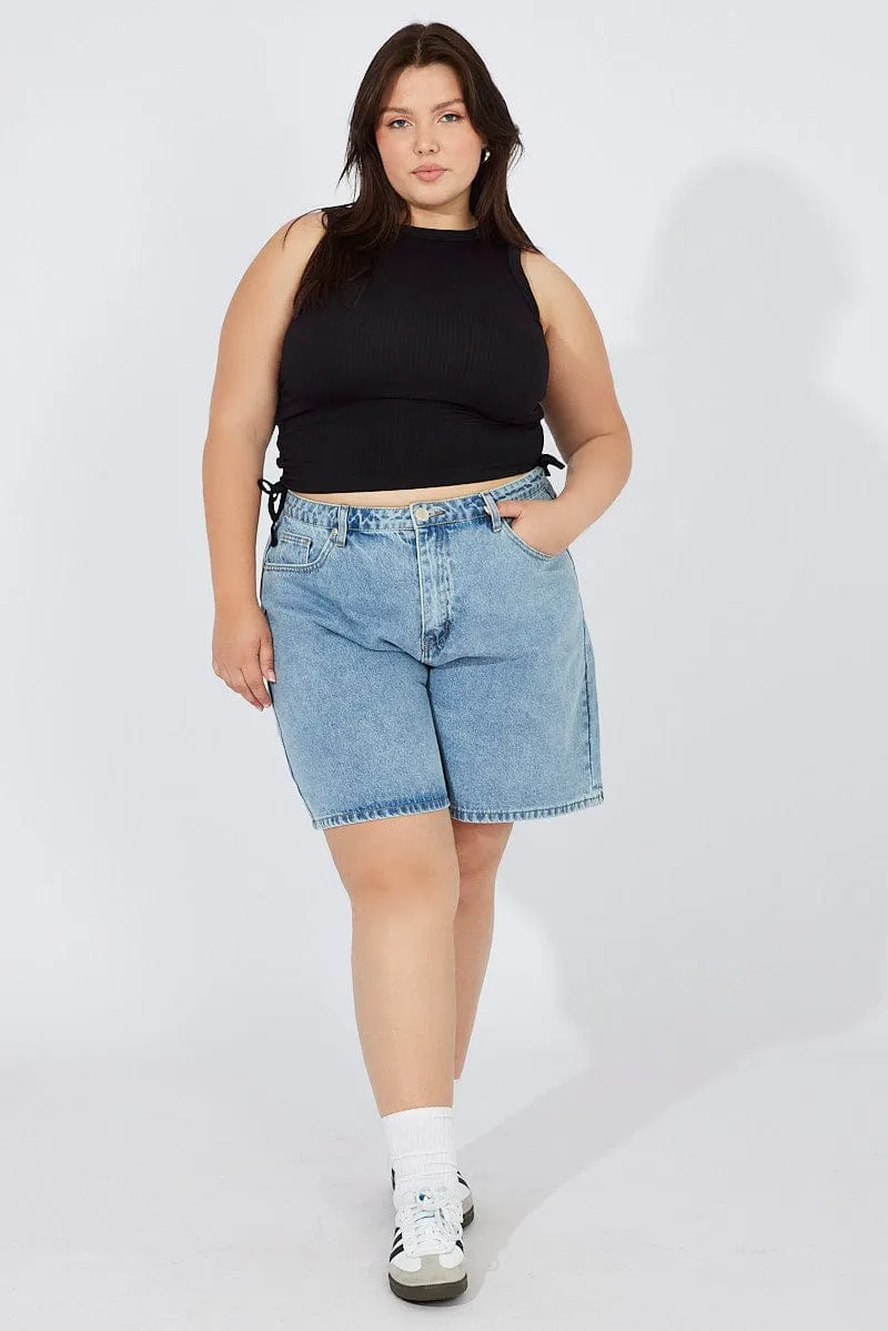 Black Tank Top Crew Neck Seamless Side Ruched Breathable knit