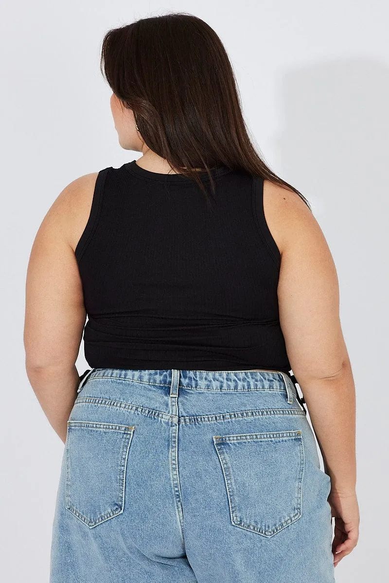 Black Tank Top Crew Neck Seamless Side Ruched Design Glow