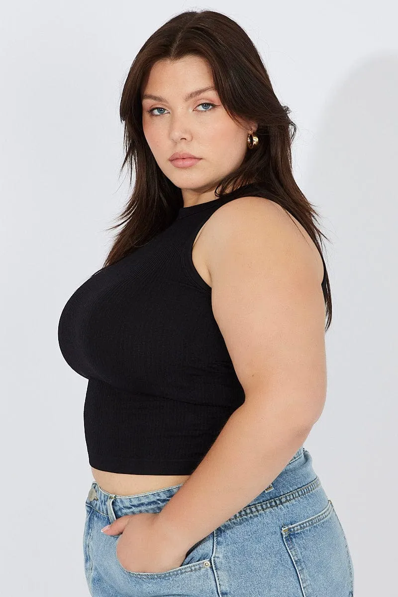 Classic Design Black Tank Top Crew Neck Seamless Side Ruched