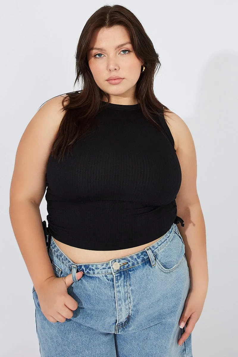 Black Tank Top Crew Neck Seamless Side Ruched FadeResistant Color