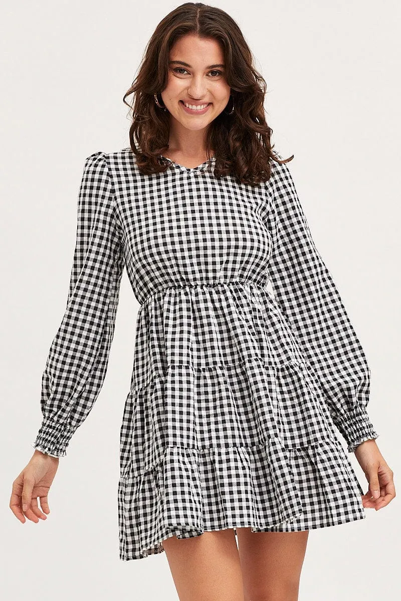Check Skater Dress Long Sleeve Mini Thermal regulation