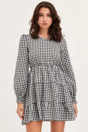 Check Skater Dress Long Sleeve Mini Lightweight Feel FlexibleCollarDesign