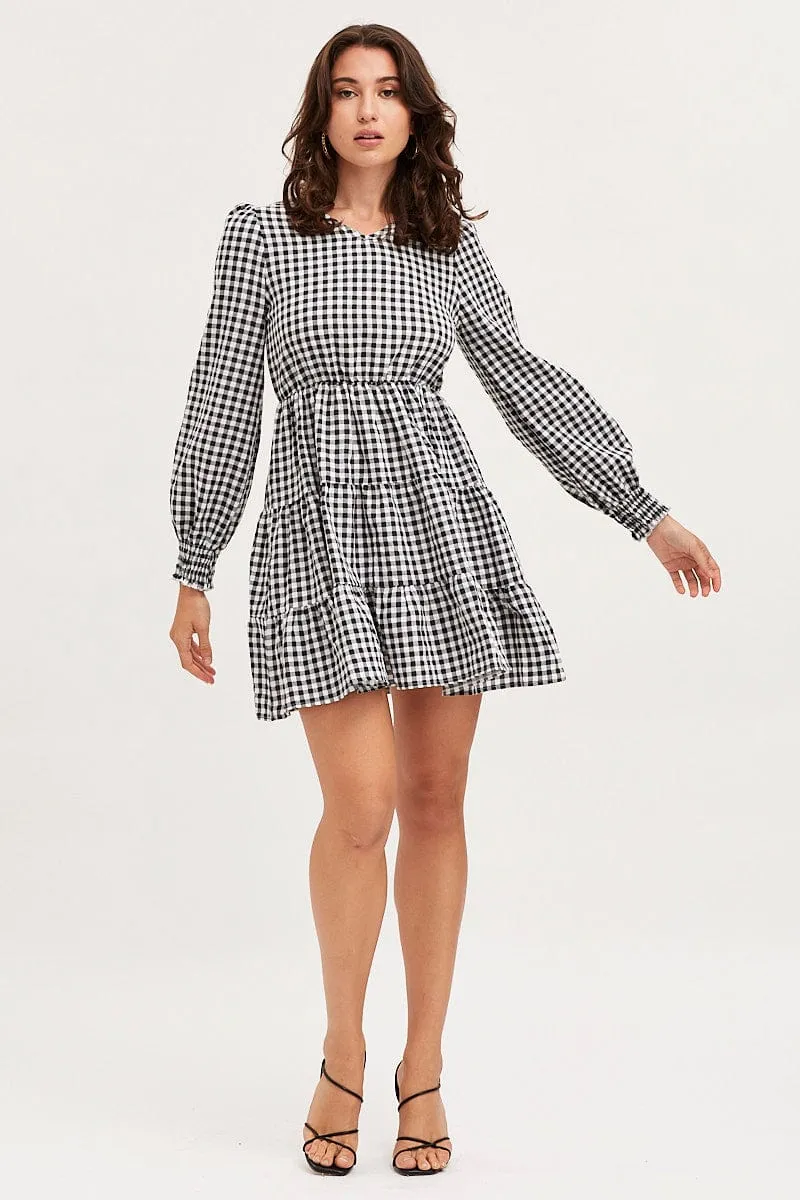 Check Skater Dress Long Sleeve Mini Tencel Blend Fabric Reflective details
