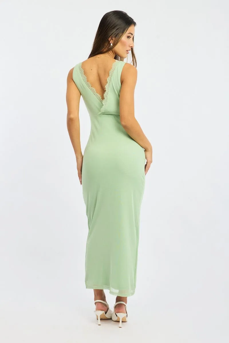 DoubleLayered Fabric Active Style Green Bodycon Dress Sleeveless Mesh