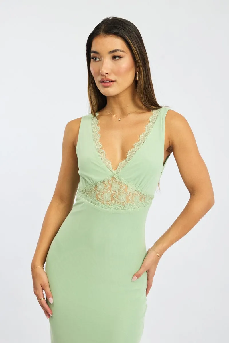 Green Bodycon Dress Sleeveless Mesh StainReleaseCoating