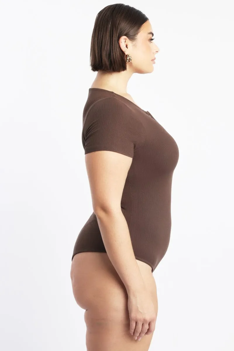 Trend Base Brown Bodysuit Short Sleeve Button down