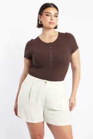 Brown Bodysuit Short Sleeve Button down Spring Glow