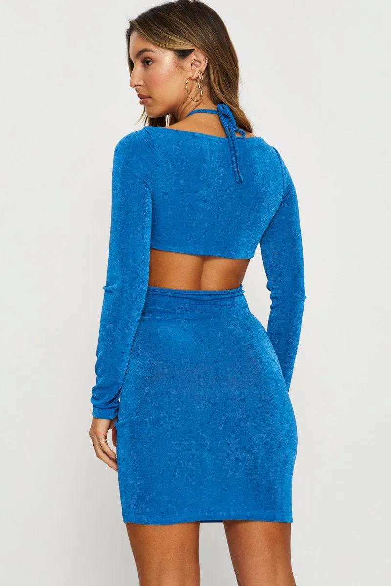 Blue Bodycon Dress Long Sleeve Mini ElasticFree