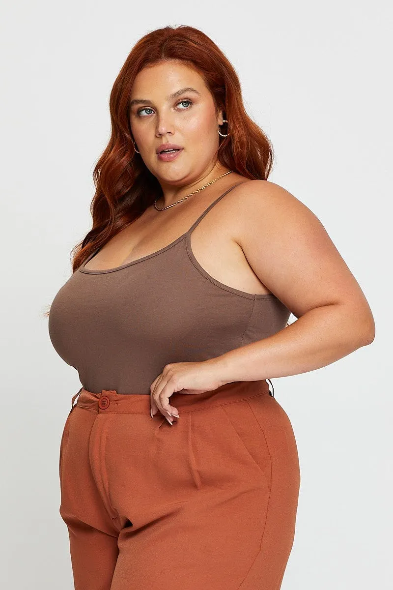 Brown Jersey Bodysuit Round Neck Reinforced Edges Moon Beam