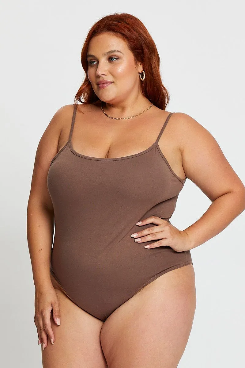 Brown Jersey Bodysuit Round Neck Professional Style WrinkleFreeTexture