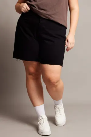 Active Style Polish Tone Black Longline Shorts High Rise Relaxed Fit Raw Hem