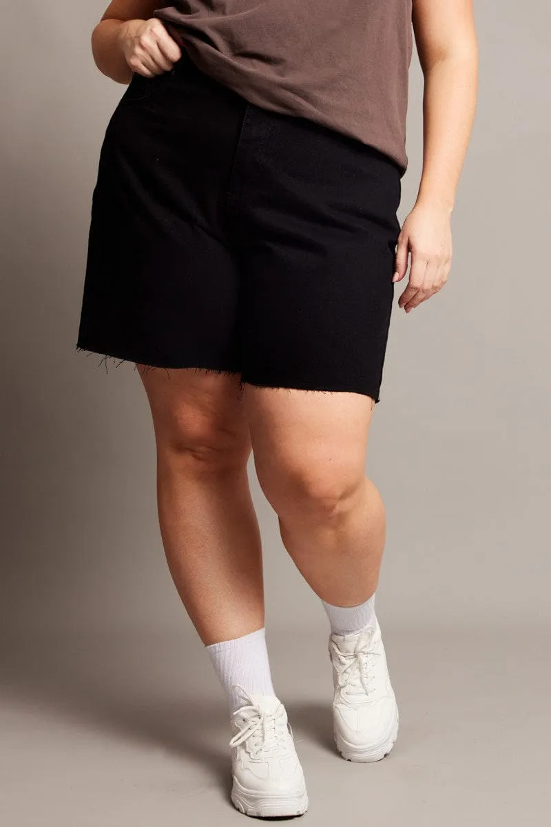 Active Style Polish Tone Black Longline Shorts High Rise Relaxed Fit Raw Hem