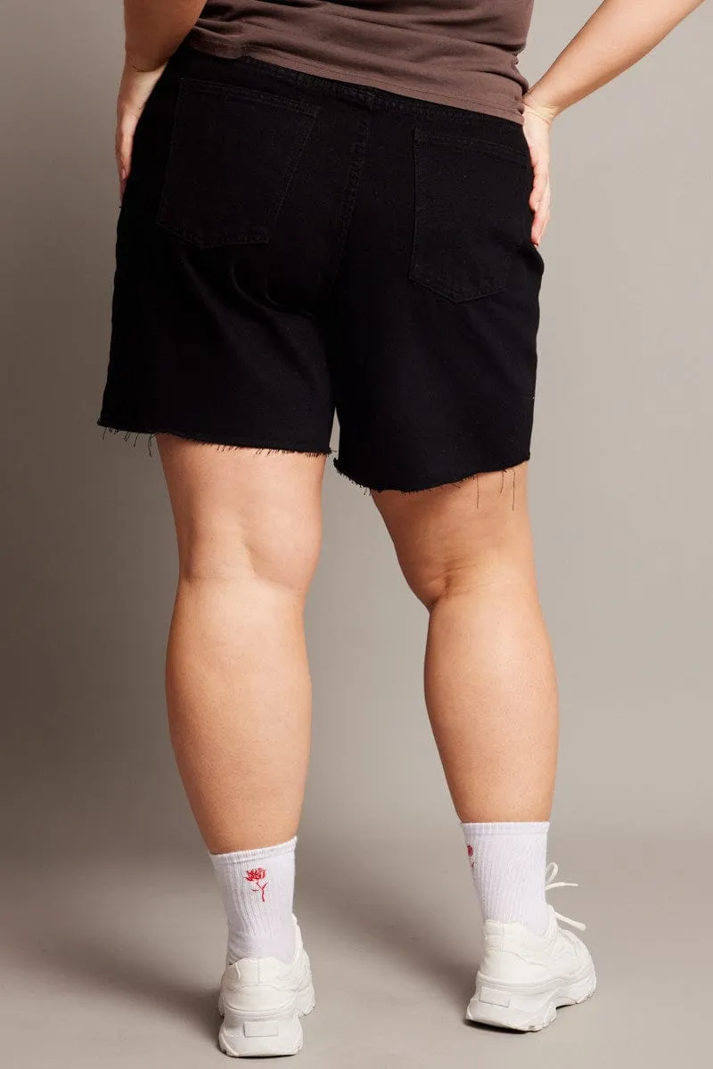Black Longline Shorts High Rise Relaxed Fit Raw Hem Professional Style