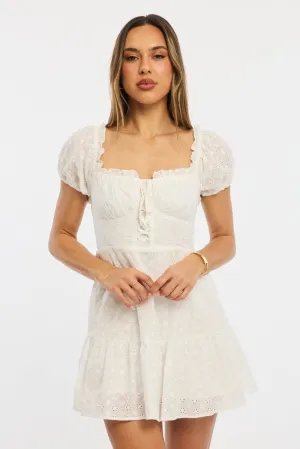 White Fit And Flare Dress Puff Sleeve Eyelet Fabric Cozy Pajama Set