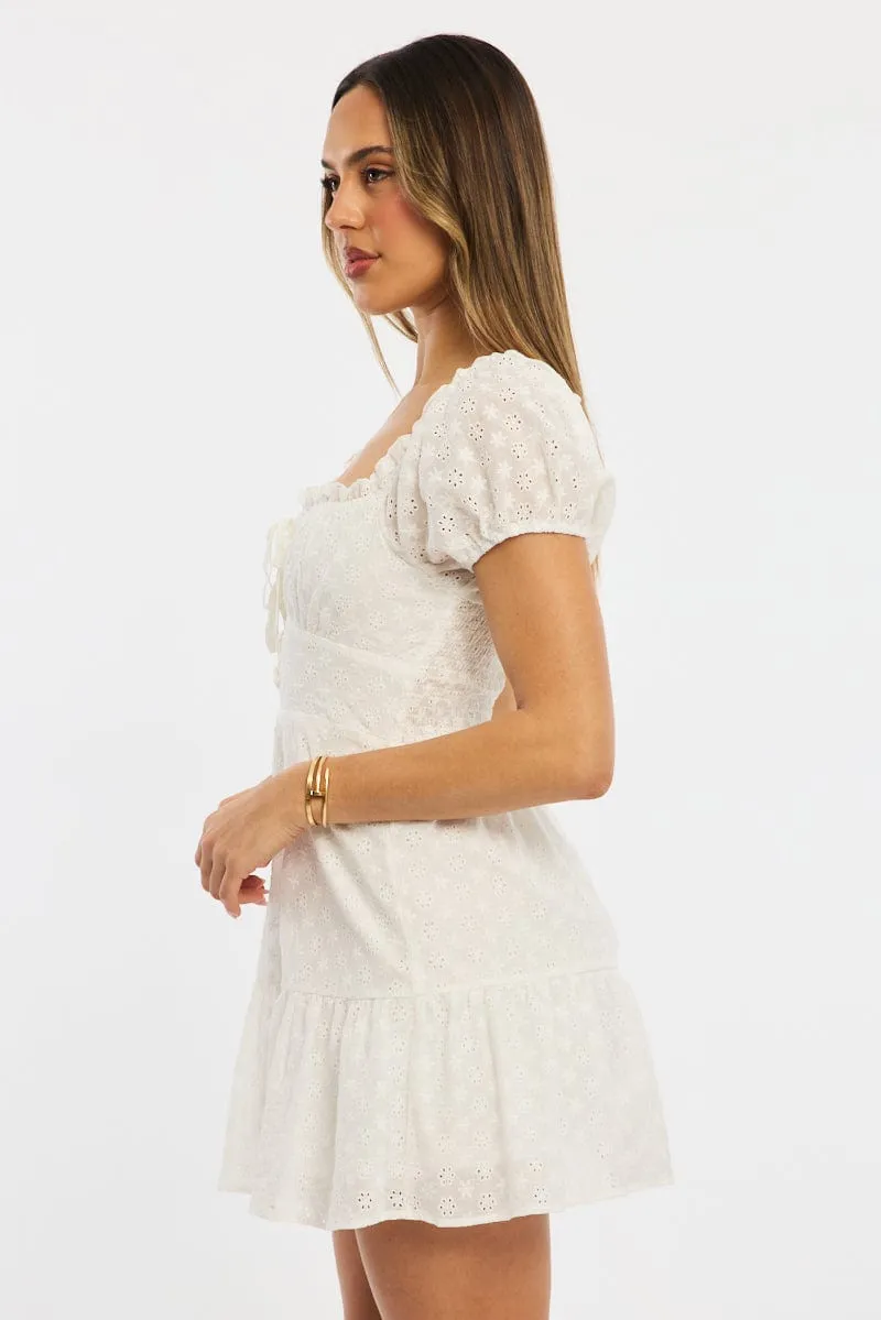 AntiPilling Surface White Fit And Flare Dress Puff Sleeve Eyelet Fabric