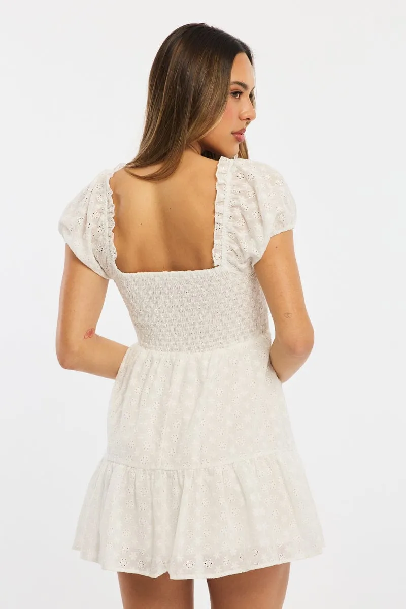 White Fit And Flare Dress Puff Sleeve Eyelet Fabric Night Charm