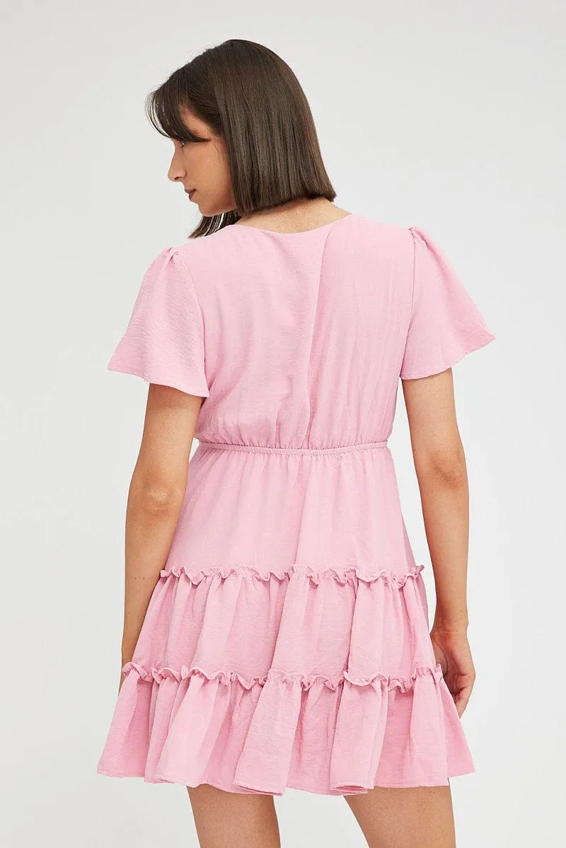 Basic Wardrobe Bride Side Pink Fit And Flare Dress Short Sleeve Mini