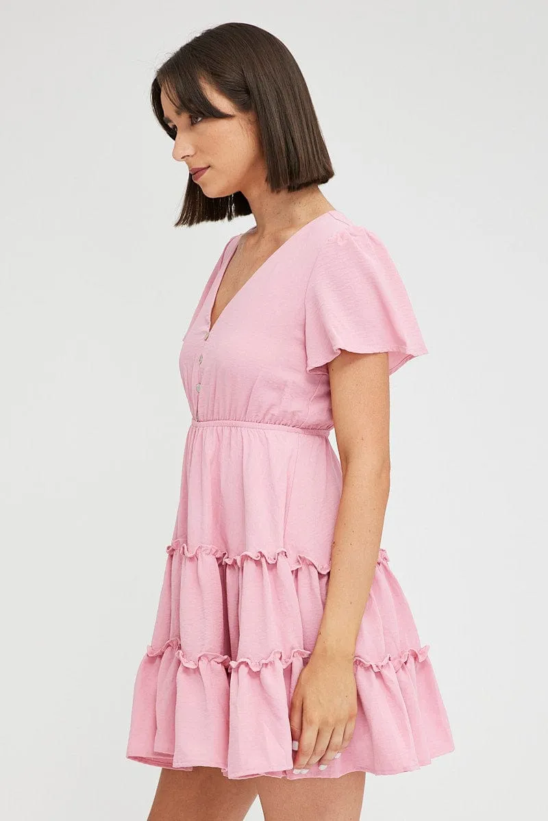 Pink Fit And Flare Dress Short Sleeve Mini LayeredPanels Cyber Core