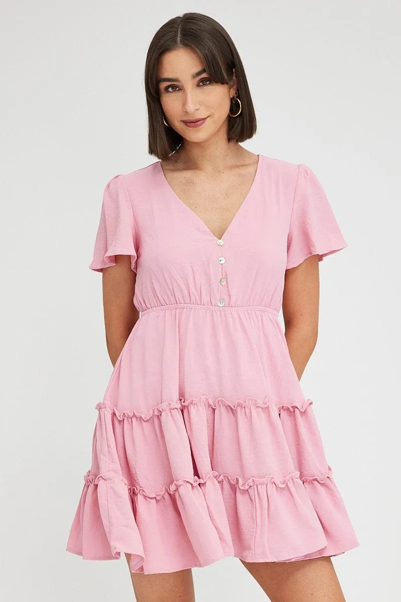 Pink Fit And Flare Dress Short Sleeve Mini AntiPilling