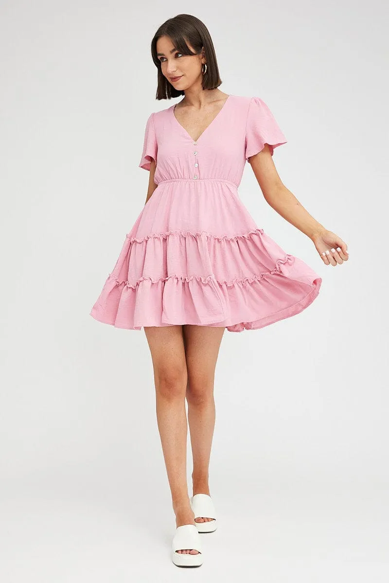 BuiltIn Grip NonRestrictiveFit Pink Fit And Flare Dress Short Sleeve Mini
