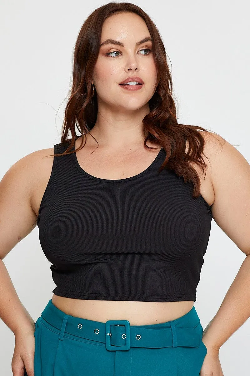 Flexible Outerwear Black Tank Top Round Neck Sleeveless Rib Crop