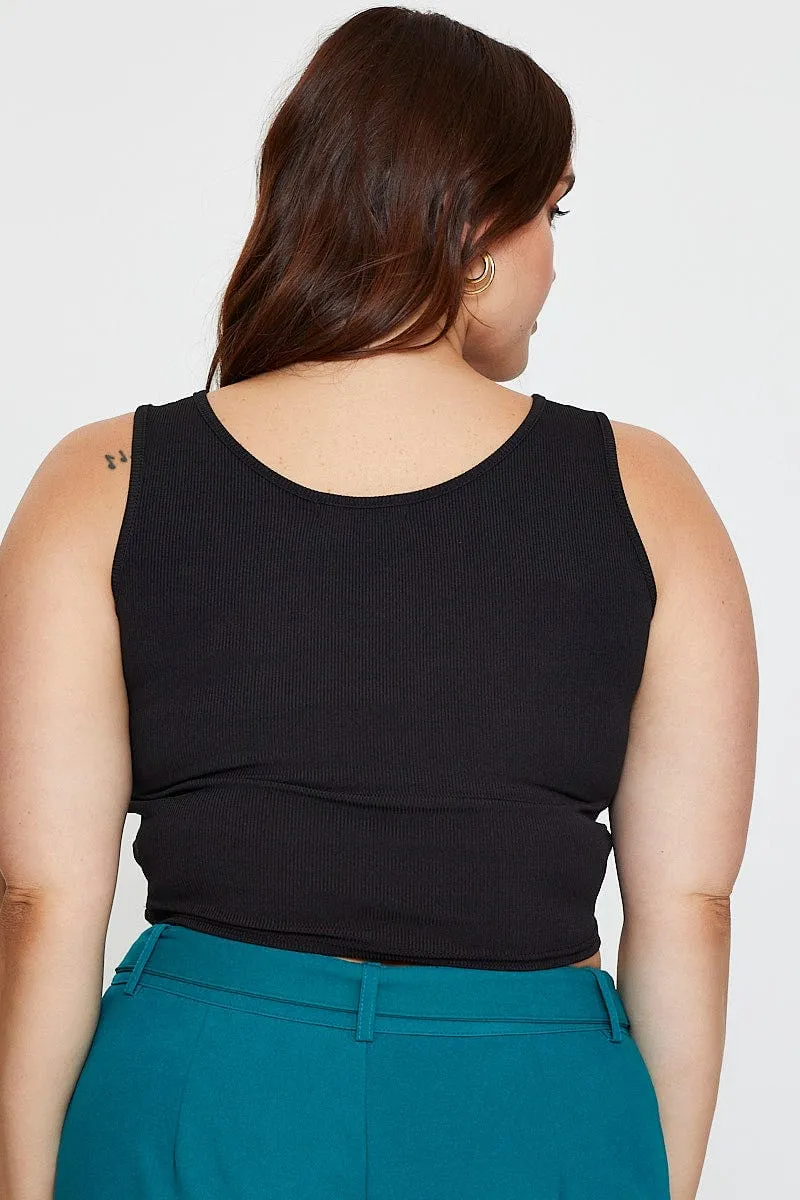 Comfortable Outfit Black Tank Top Round Neck Sleeveless Rib Crop