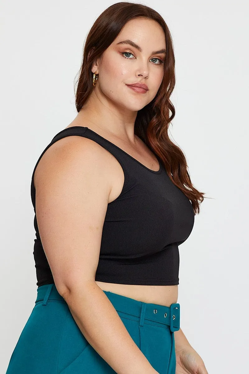 Couple Look Black Tank Top Round Neck Sleeveless Rib Crop