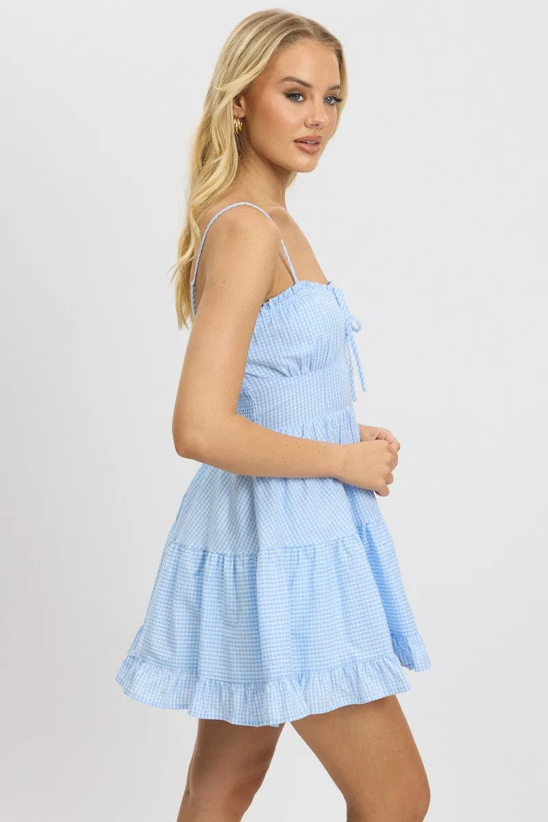 Basic Wardrobe ComfortStretch Blue Check Fit and Flare Dress Sleeveless Tiered