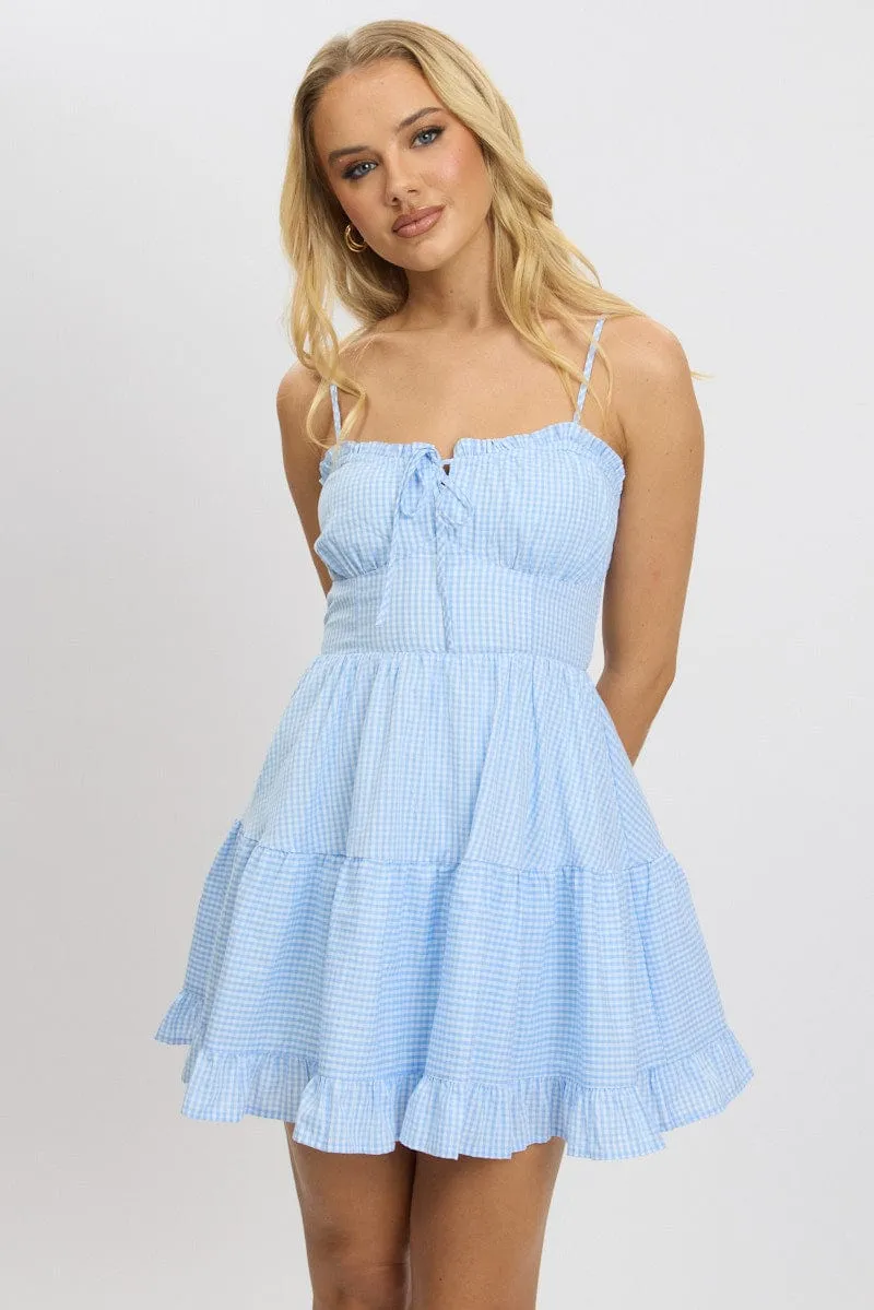 Vision Fit Blue Check Fit and Flare Dress Sleeveless Tiered