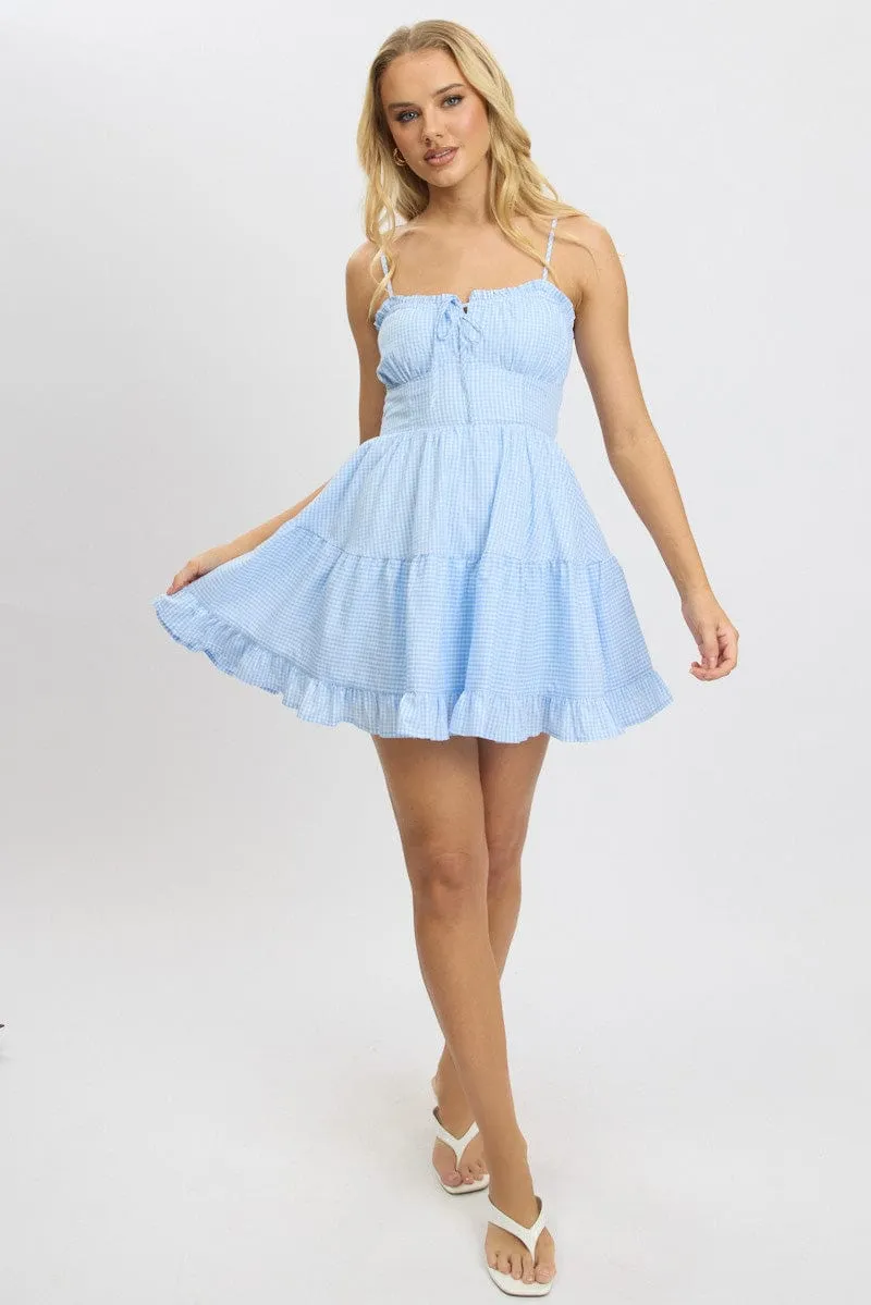 Outdoor Footwear Blue Check Fit and Flare Dress Sleeveless Tiered