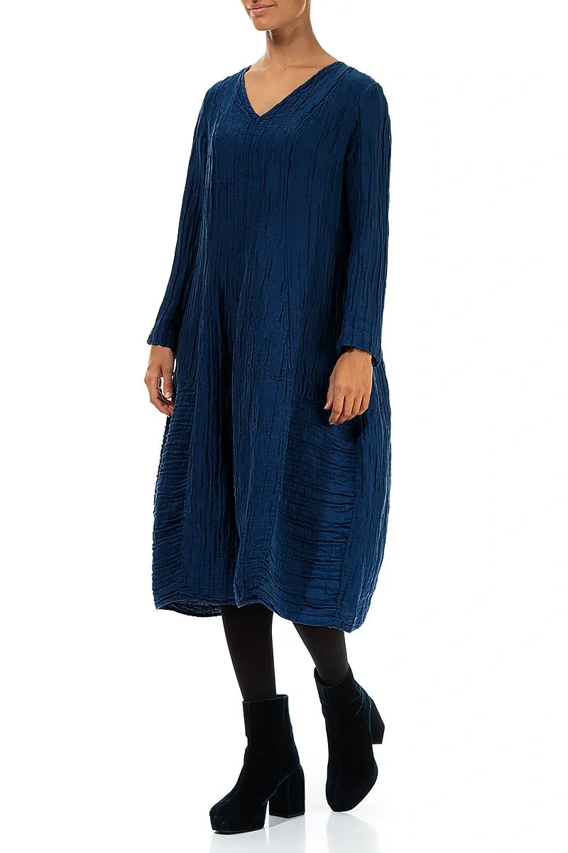 V-Neck Crinkled Royal Blue Silk Linen Dress Reuse Mode
