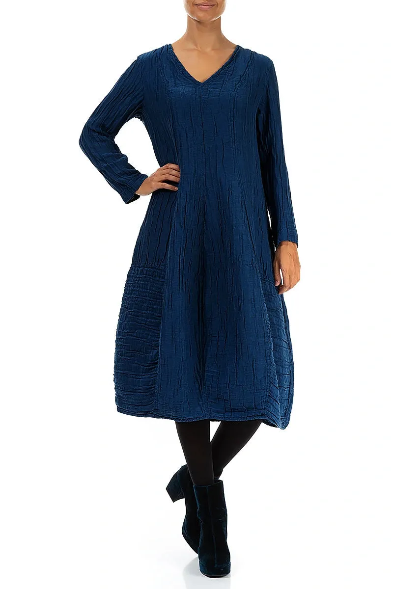 Flow Core Plane Mood V-Neck Crinkled Royal Blue Silk Linen Dress