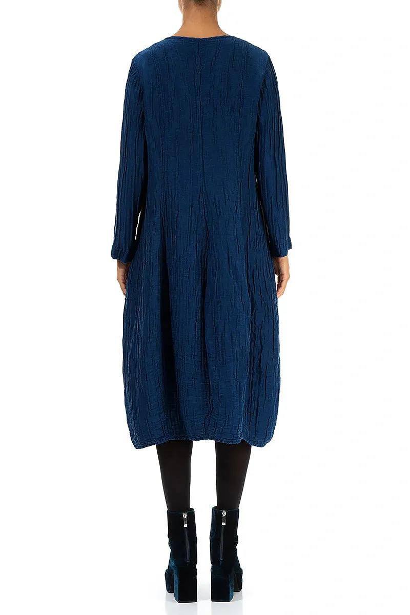 MultiFunctional Pockets Durable Construction V-Neck Crinkled Royal Blue Silk Linen Dress