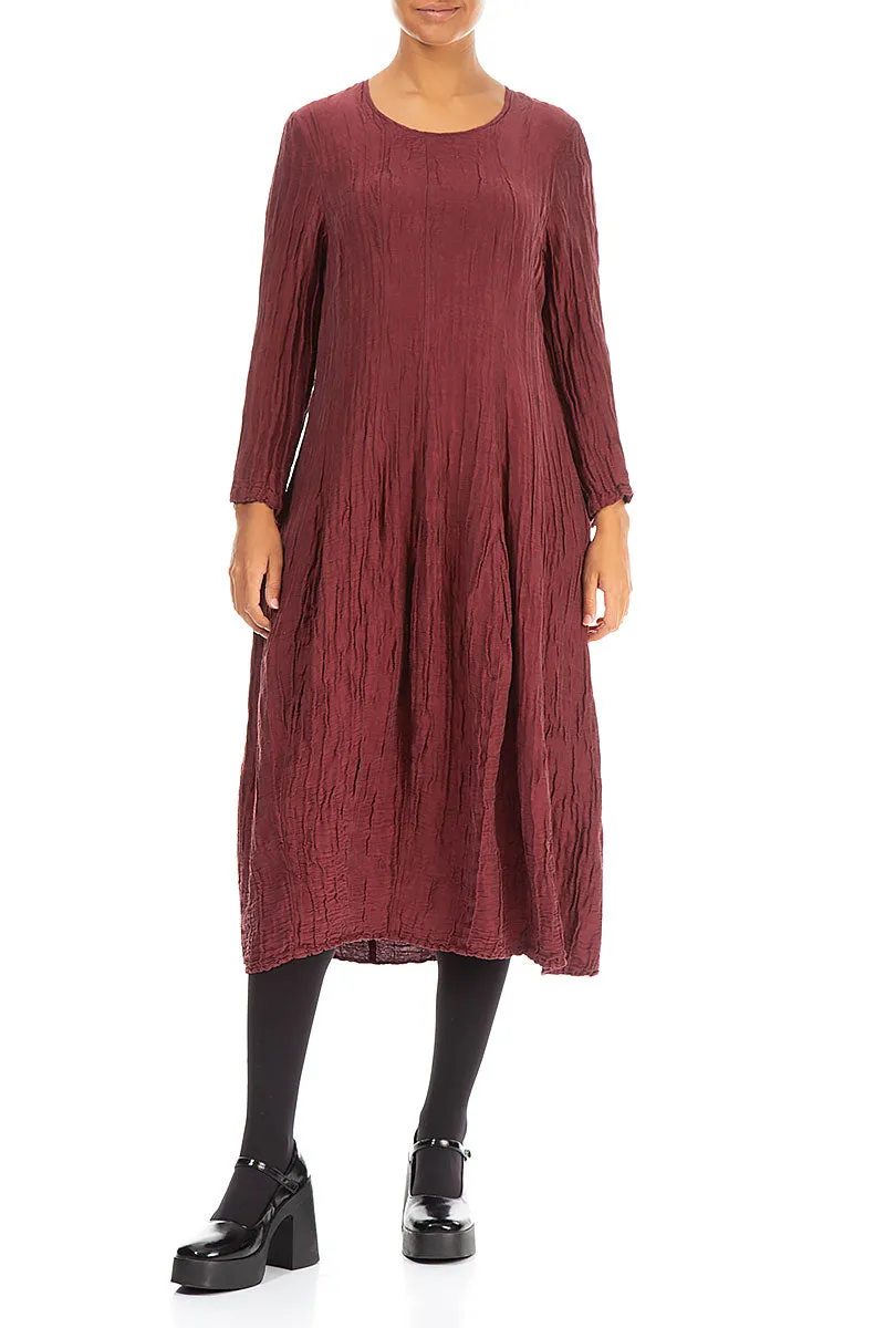 Flared Crinkled Burgundy Silk Linen Dress Comfortable clothing