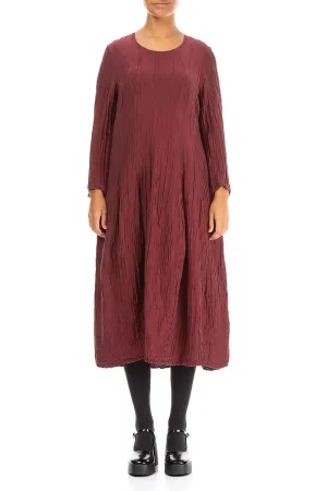 Lake Mood Adjustable Straps Flared Crinkled Burgundy Silk Linen Dress