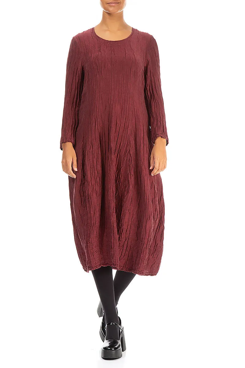 Flared Crinkled Burgundy Silk Linen Dress Comfortable Jacket FlexibleJointConstruction
