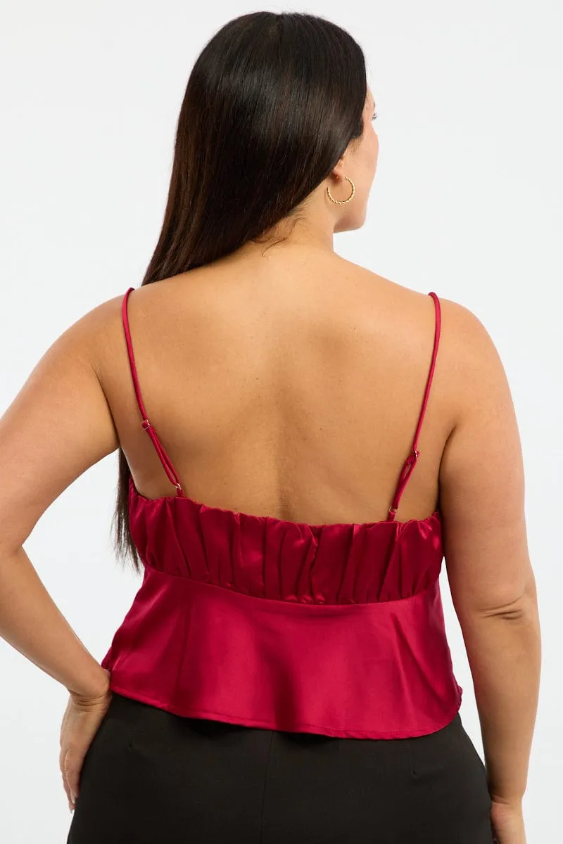Red Satin Cami Top Ruched Bust Travel Light Chic Design