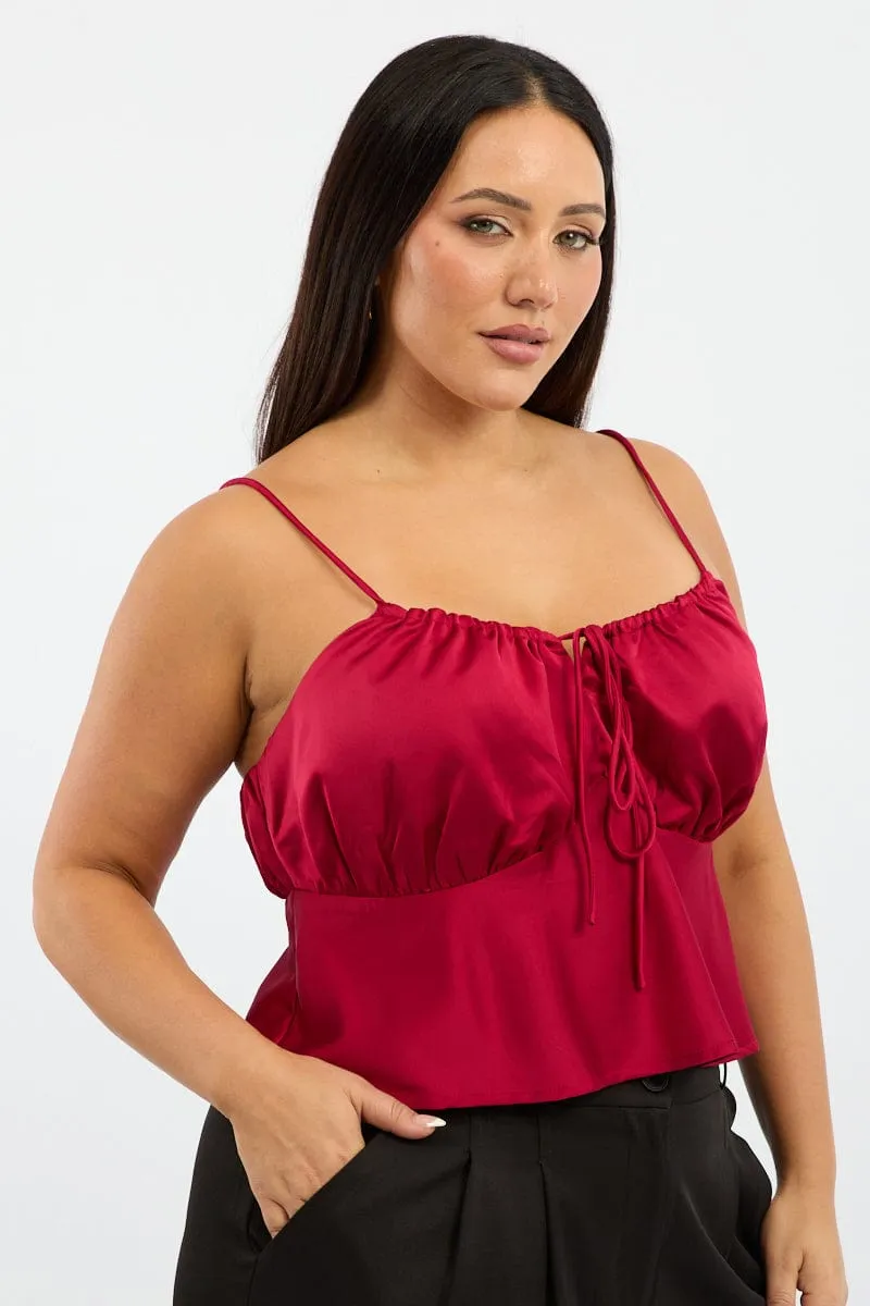 MatteFinishTexture Casual Day Red Satin Cami Top Ruched Bust