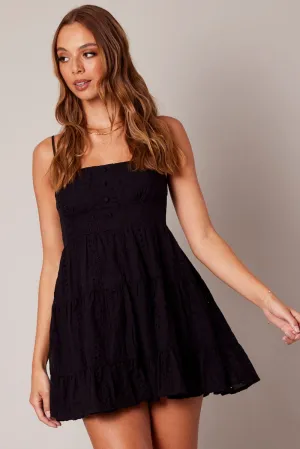 Elegant Dress Black Fit and Flare Dress Sleeveless Broidery