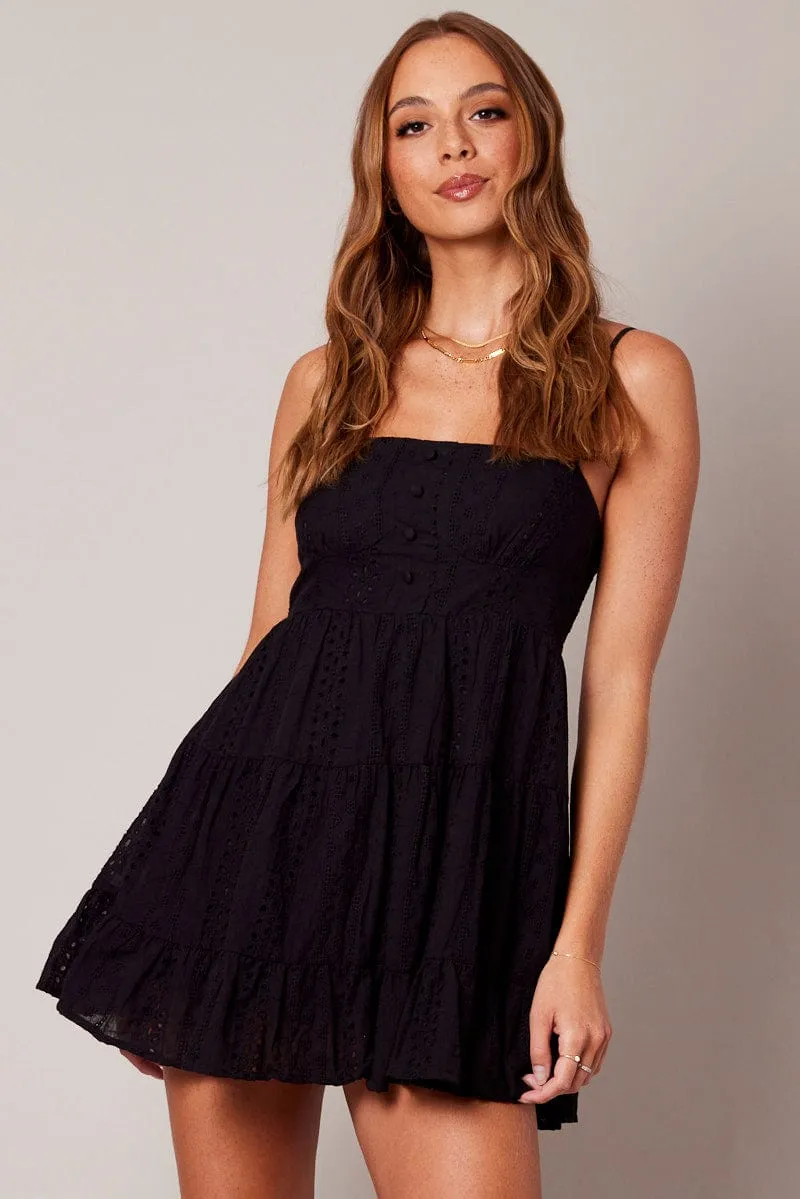 Black Fit and Flare Dress Sleeveless Broidery Soft Flow